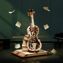 Atmospheric presentation of the Robotime Magic Cello, wooden construction kit for a music box in the shape of a cello