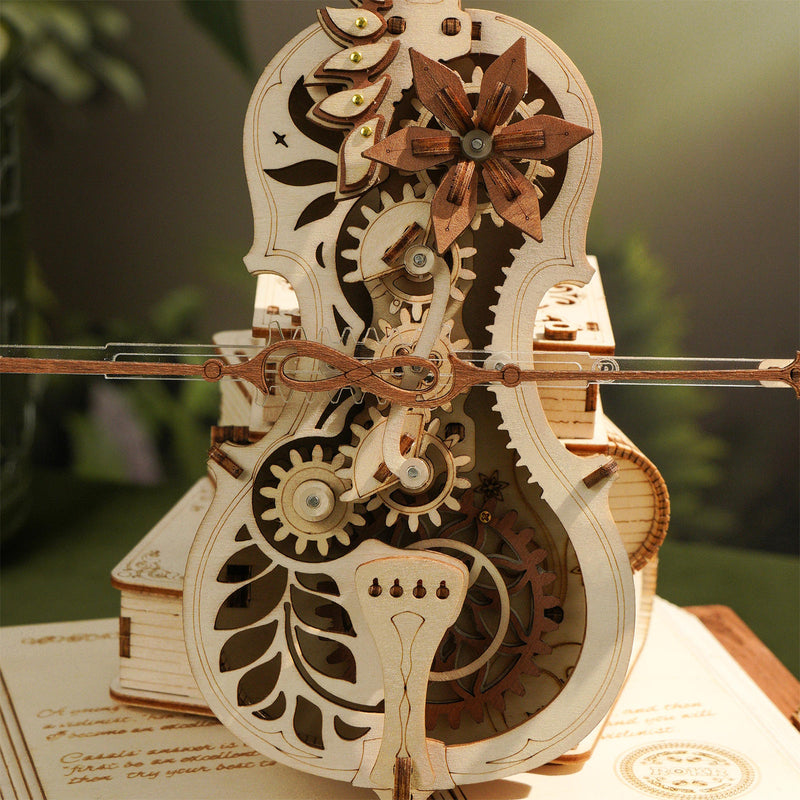 The sound box with moving gears and bow of the Robotime Magic Cello