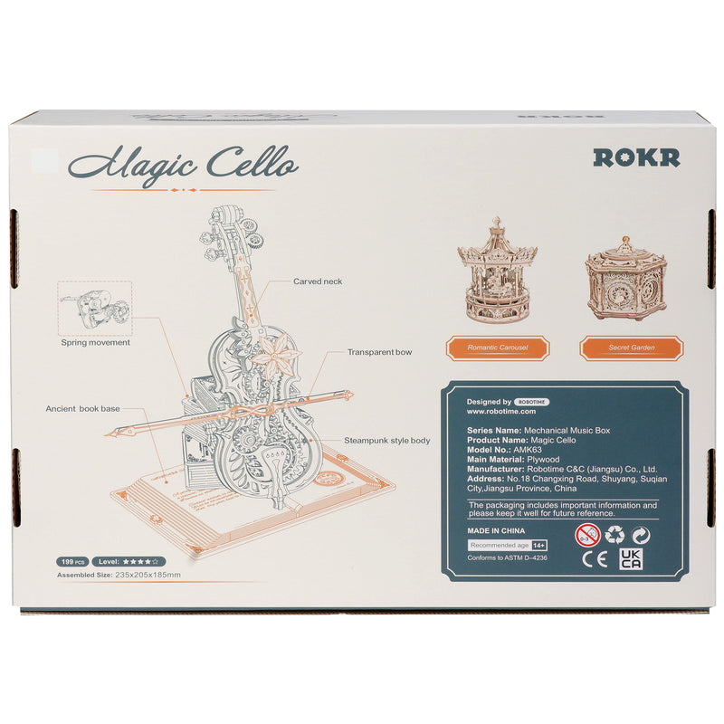 Back of package of the Robotime Magic Cello, wooden construction kit for a music box in the shape of a cello