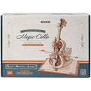 Front of package of the Robotime Magic Cello, wooden construction kit for a music box in the shape of a cello