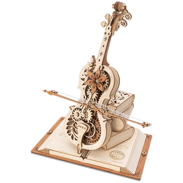 Product photo of the Robotime Magic Cello, wooden construction kit for a music box in the shape of a cello