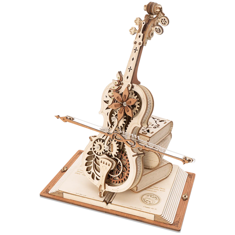 Product photo of the Robotime Magic Cello, wooden construction kit for a music box in the shape of a cello