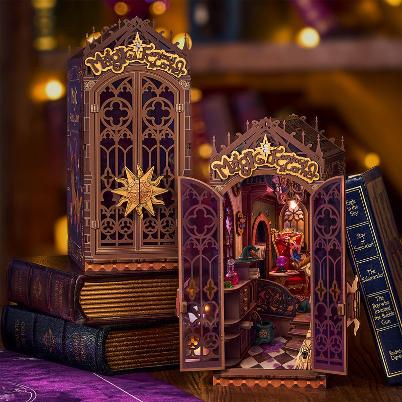 Atmospheric presentation of the Robotime Magic Fantasy Corner, depicting the doors being able to open and close