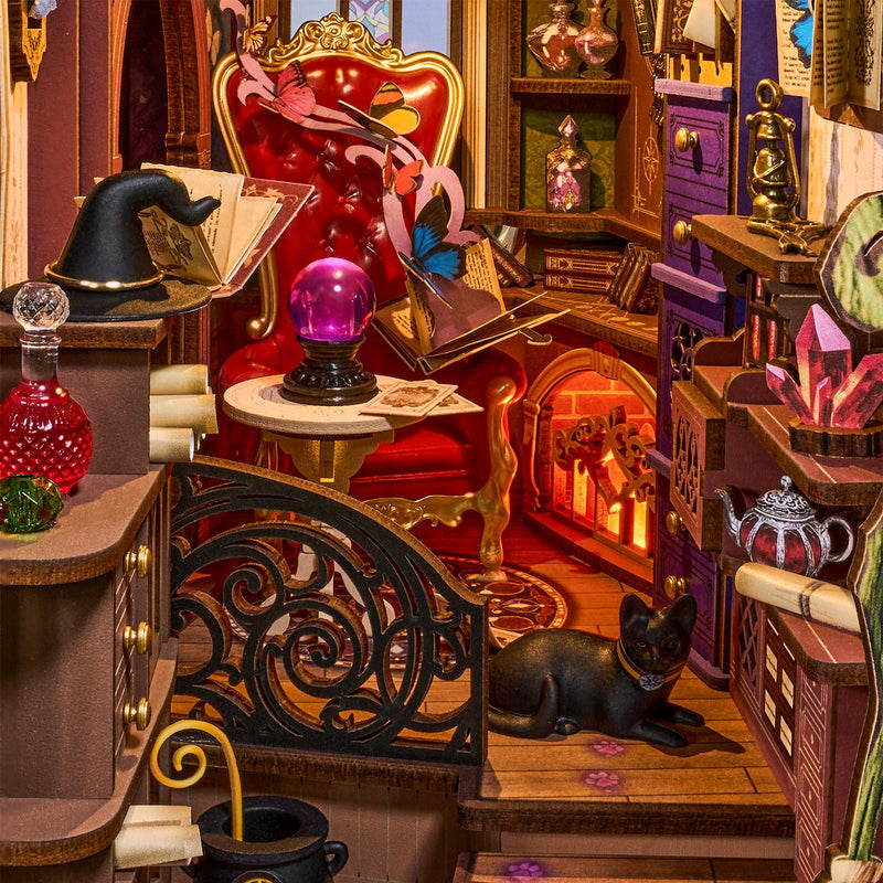 Details of the crowded and cosy living room of the Robotime Magic Fantasy Corner