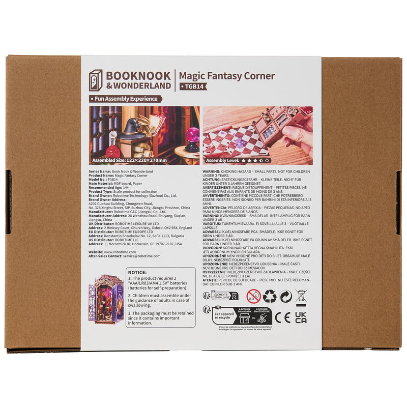 Back of package of the Robotime Magic Fantasy Corner, book nook construction kit of a small living room in a fantasy theme