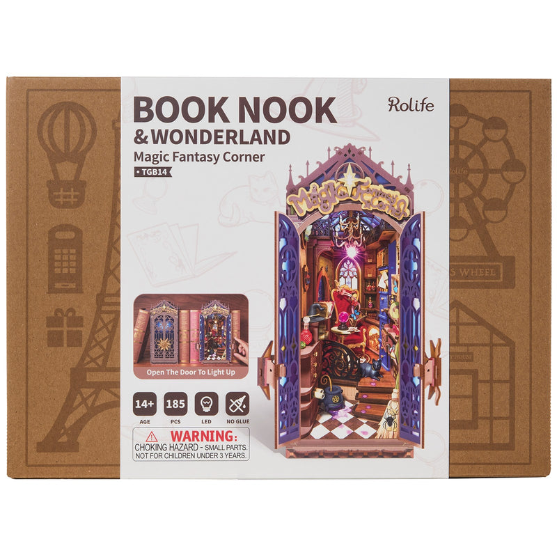 Front of package of the Robotime Magic Fantasy Corner, book nook construction kit of a small living room in a fantasy theme