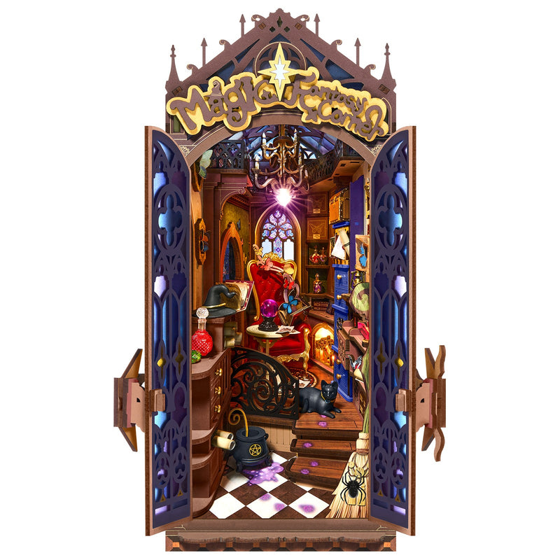 Product photo of the Robotime Magic Fantasy Corner, book nook construction kit of a small living room in a fantasy theme