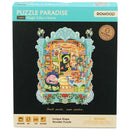 Front of package of the Robotime Magic Kitty’s Home, jigsaw puzzle with 200 unusual pieces depicting a busy room with lots of artistic details and a light blue frame