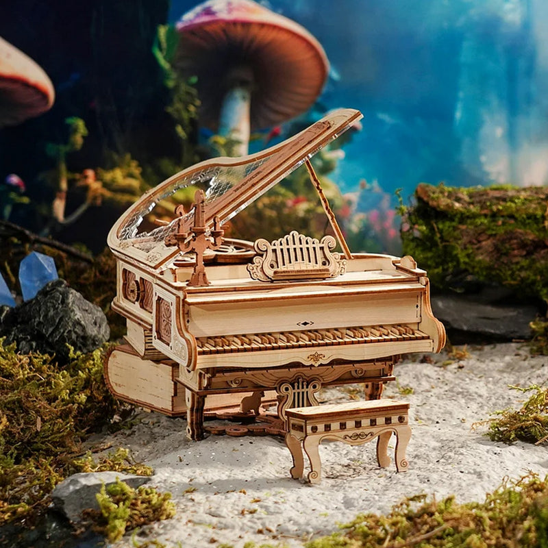 Atmospheric presentation of the Robotime Magic Piano, wooden construction kit for a music box in the shape of a piano