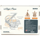 Back of package of the Robotime Magic Piano, wooden construction kit for a music box in the shape of a piano