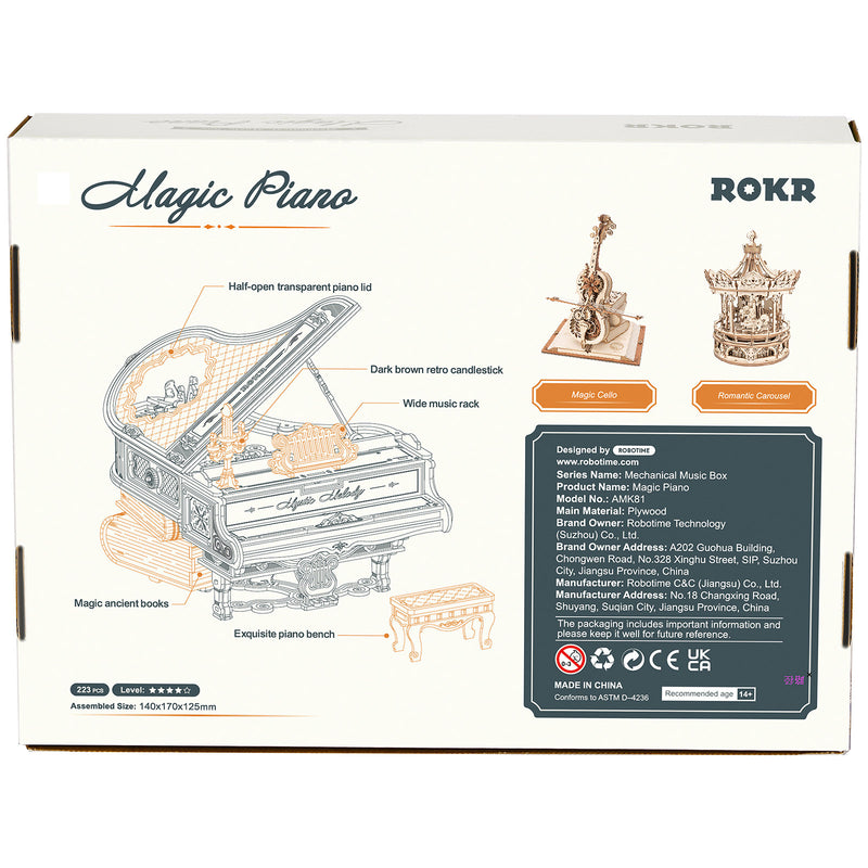 Back of package of the Robotime Magic Piano, wooden construction kit for a music box in the shape of a piano
