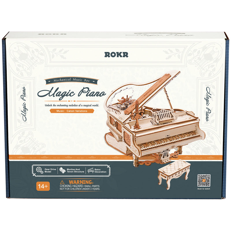 Front of package of the Robotime Magic Piano, wooden construction kit for a music box in the shape of a piano