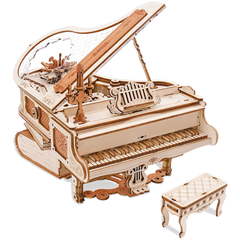 Product photo of the Robotime Magic Piano, wooden construction kit for a music box in the shape of a piano