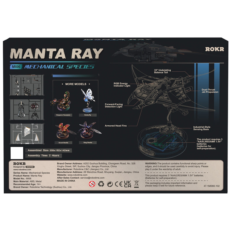 Back of package of the Robotime Manta Ray, model building kit of a futuristic, moving manta