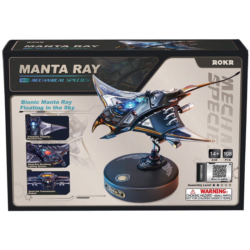 Front of package of the Robotime Manta Ray, model building kit of a futuristic, moving manta