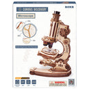 Front of package of the Robotime Microscope, wooden construction set for a working microscope
