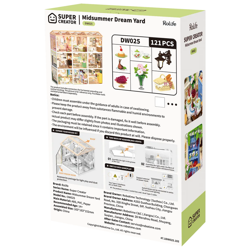 Back of package of the Robotime Midsummer Dream Yard, plastic miniature terrace with set table, pergola, and furniture