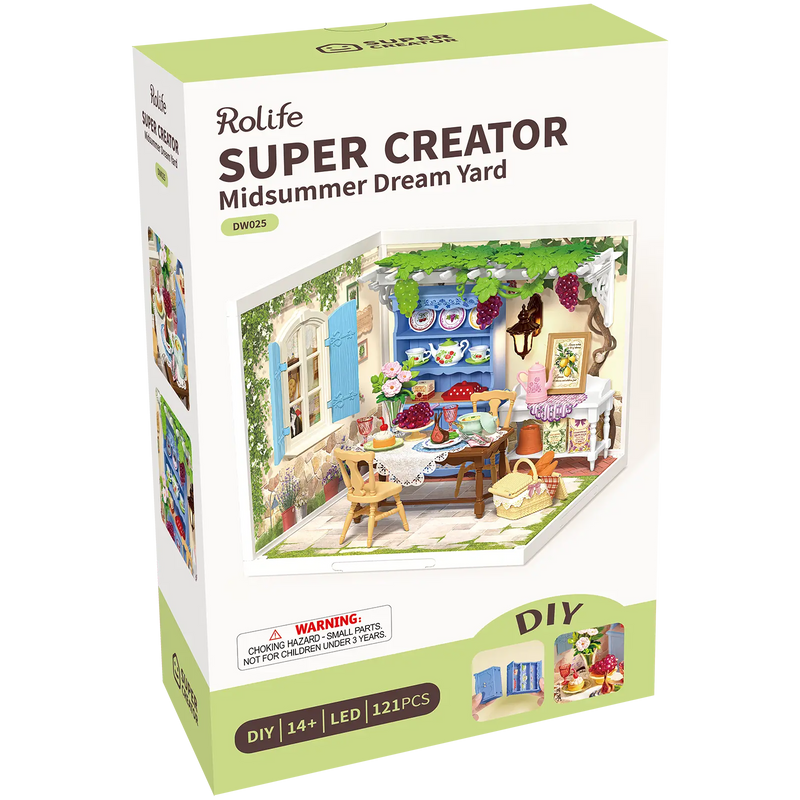 Front of package of the Robotime Midsummer Dream Yard, plastic miniature terrace with set table, pergola, and furniture