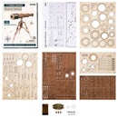 Contents of package of the Robotime Monocular Telescope, wooden model kit of a functional telescope