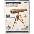 Front of package of the Robotime Monocular Telescope, wooden model kit of a functional telescope