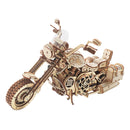 Product photo of the Robotime Motor, wooden model kit of a driving motorcycle