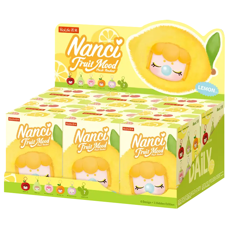 Display with six packages from the Robotime Nanci Fruit Mood Surprise Plush Pendant blind box series