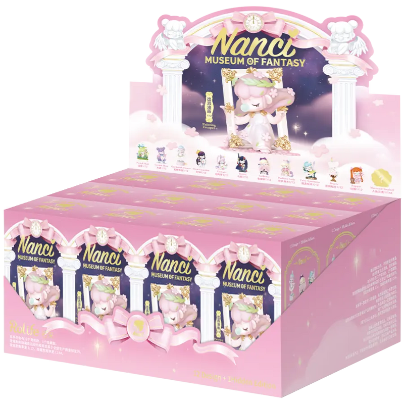 A display with twelve packages from the Robotime Nanci Museum of Fantasyblind box series