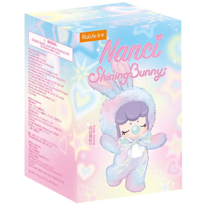 Front of package of the Robotime Nanci Shining Bunny, blind box with a cute figurine in a bunny suit in multiple color variants