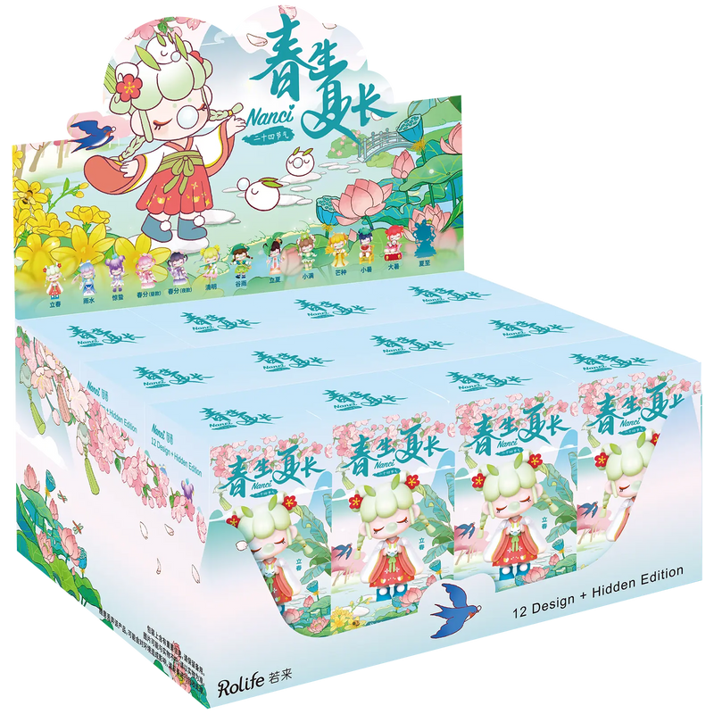 Display with twelve packages from the Robotime Nanci Solar Spring blind box series