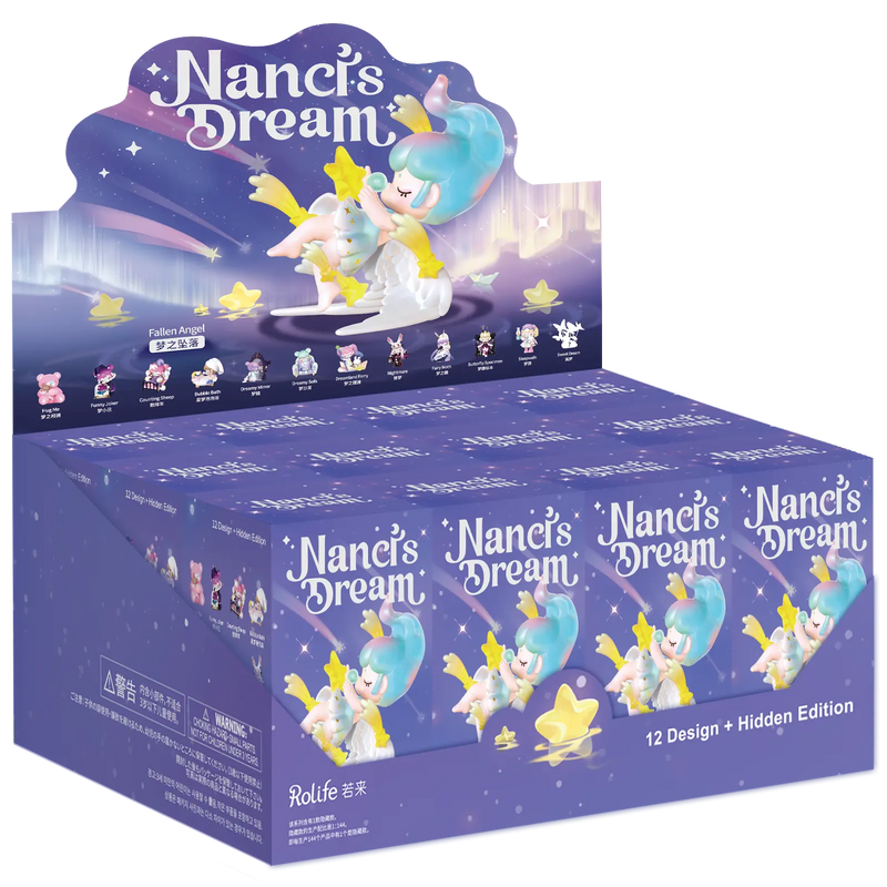 A display with twelve packages from the Robotime Nanci's Dream blind box series