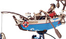 Close-up of the boat and fisherman of the Robotime Ocean Fisher, wooden model kit of a rocking rowboat