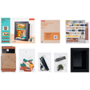 Contents of the package of the Robotime Old Time Bookstore, diorama in a frame of an old-fashioned bookshop