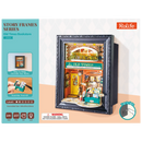 Front of package of the Robotime Old Time Bookstore, diorama in a frame of an old-fashioned bookshop