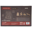Back of package of the Robotime Owl Clock, wooden model kit of a mechanical, standing clock