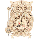 Product photo of the Robotime Owl Clock, wooden model kit of a mechanical, standing clock
