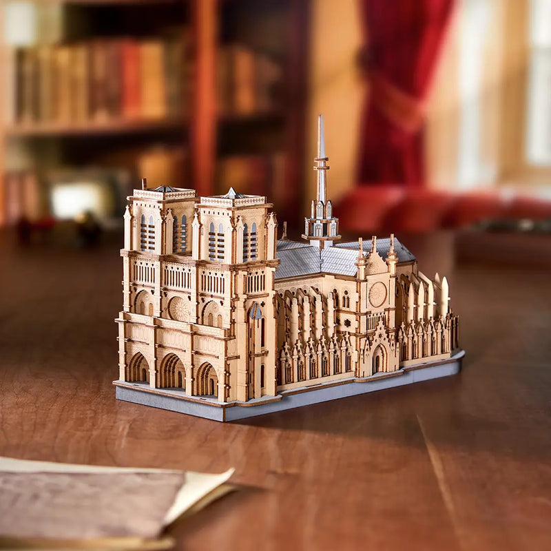Atmospheric presentation of the Robotime Paris Cathedral, wooden modelling kit of the Notre-Dame in Paris