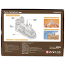 Back of package of the Robotime Paris Cathedral, wooden modelling kit of the Notre-Dame in Paris