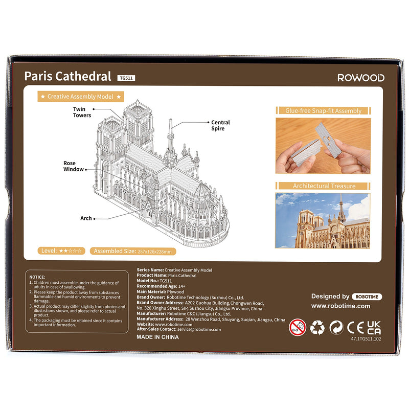 Back of package of the Robotime Paris Cathedral, wooden modelling kit of the Notre-Dame in Paris