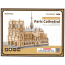 Front of package of the Robotime Paris Cathedral, wooden modelling kit of the Notre-Dame in Paris