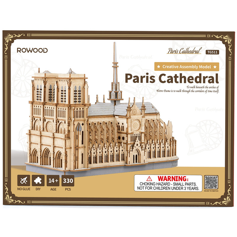 Front of package of the Robotime Paris Cathedral, wooden modelling kit of the Notre-Dame in Paris