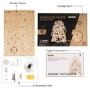 Package contents of the Robotime Pendulum Clock, wooden model kit of a mechanical clock