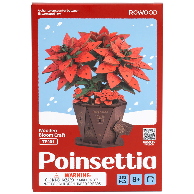 Front of package of the Robotime Poinsettia, wooden construction set of a Christmas flower