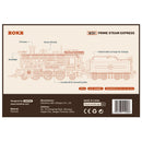 Back of package of the Robotime Prime Steam Express, wooden construction kit of an old-fashioned steam train with wagon