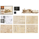 Contents of the package of the Robotime Prime Steam Express, wooden construction kit of an old-fashioned steam train with wagon