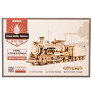 Front of package of the Robotime Prime Steam Express, wooden construction kit of an old-fashioned steam train with wagon