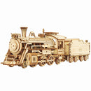 Product photo of the Robotime Prime Steam Express, wooden construction kit of an old-fashioned steam train with wagon