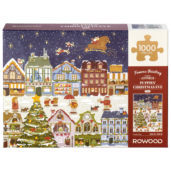 Front of package of the Robotime Puppies' Christmas Eve, 1,000-piece jigsaw puzzle depicting an atmospheric Christmas scene with anthropomorphic dogs