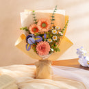 The Robotime Purple Iris in a bouquet with the Pink Dahlia, Light Orange Gerbera, and Chamomile