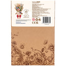 Back of package of the Robotime Purple Iris, wooden construction kit of a purple iris in a cardboard vase