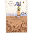 Front of package of the Robotime Purple Iris, wooden construction kit of a purple iris in a cardboard vase